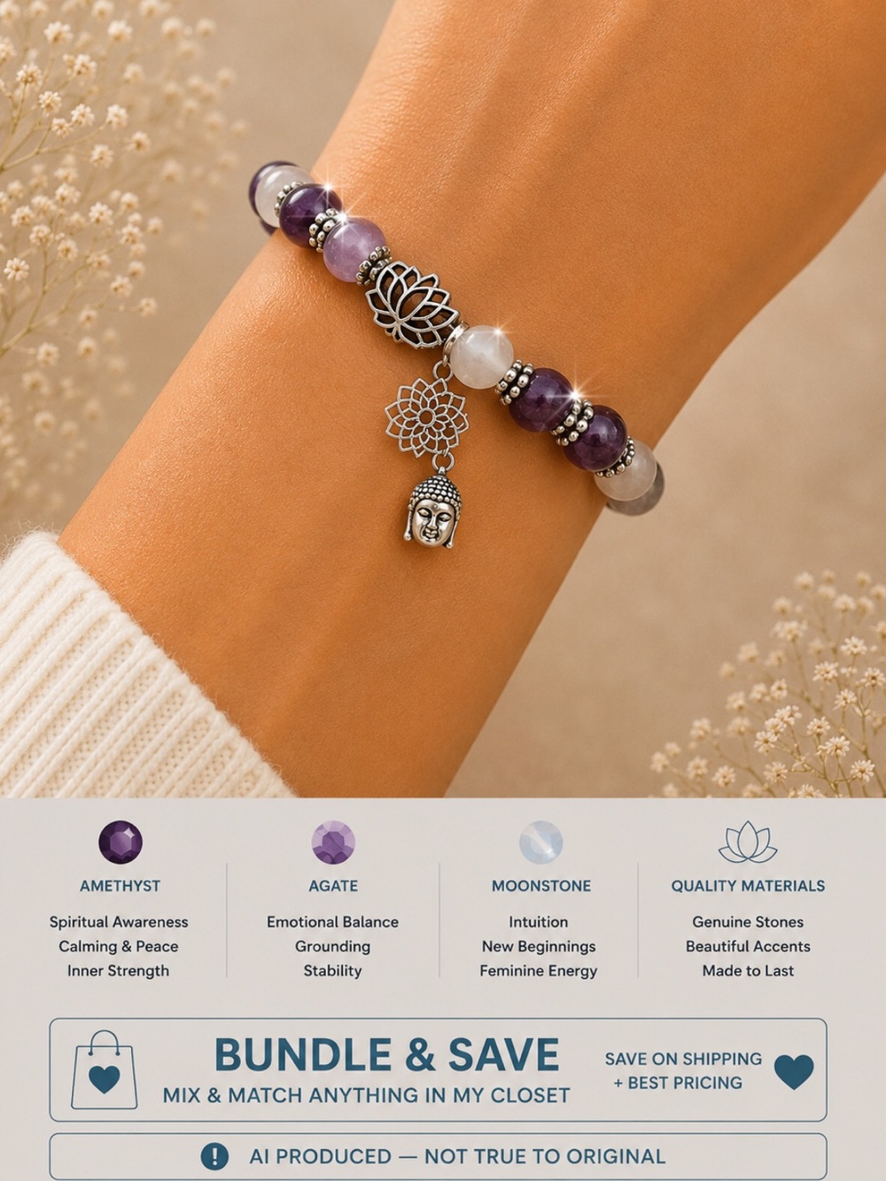 Genuine Amethyst, Agate & Moonstone, Lobster claw closure bracelet